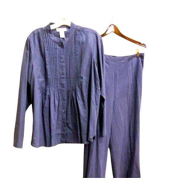 2pc Linen Pant Suit 16 TALL Wide Leg BOHO Pintuck Lagenlook Indigo NWOT - Picture 1 of 10